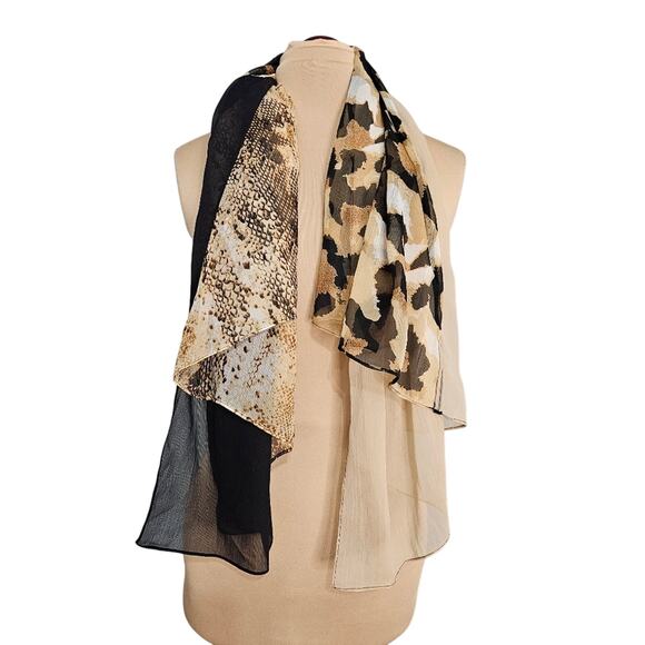 New Animal Print Color Block Black and Tan Scarf One Size 48x48 Leopard Snake - Picture 1 of 15